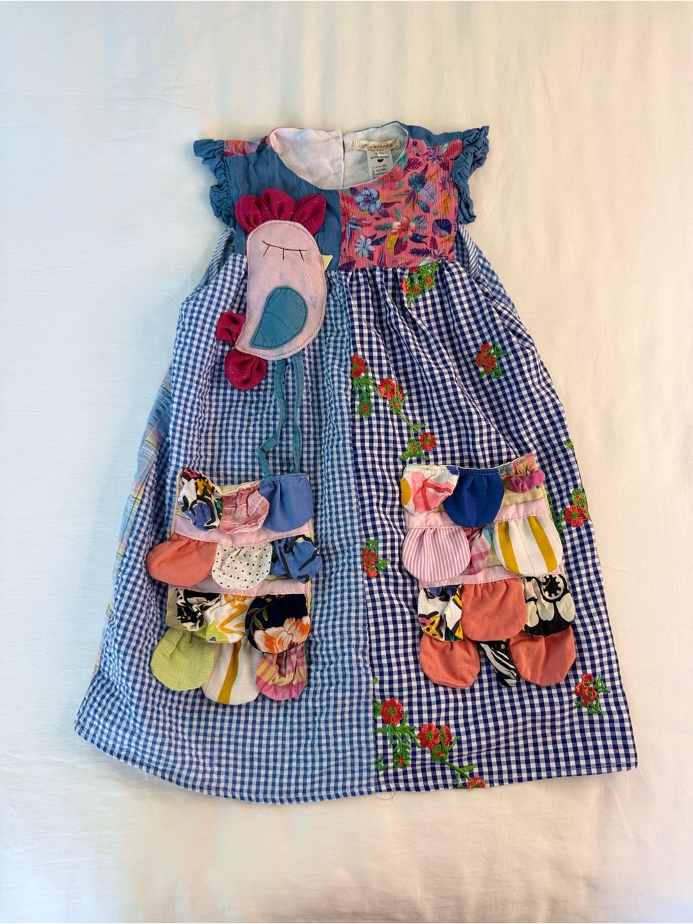 Designer Blue Gingham Patchwork Girls Dress, Amo Makaria, Girls Medium